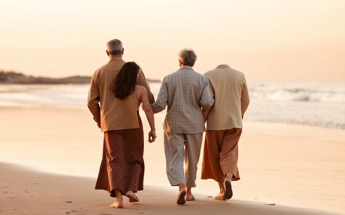 Três gerações de uma família caminhando juntas na praia ao entardecer no litoral de Santa Catarina