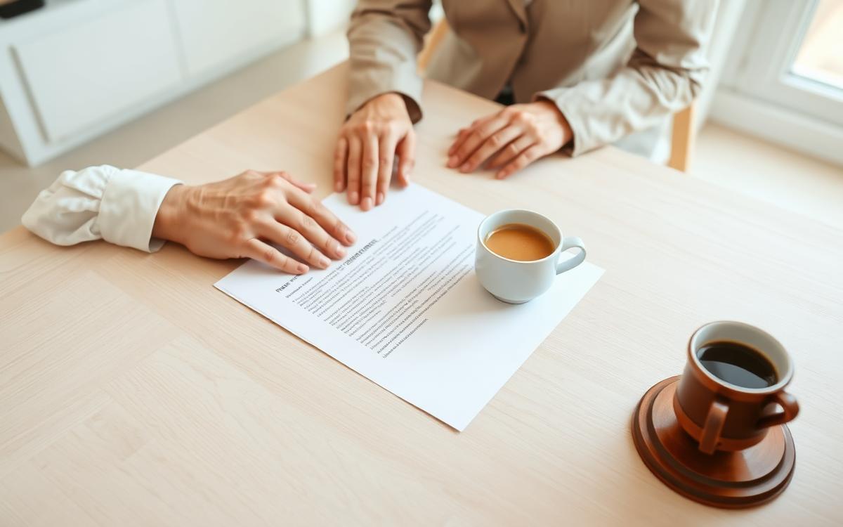 Casal assinando contrato de convivência sobre mesa de madeira clara em escritório de advocacia